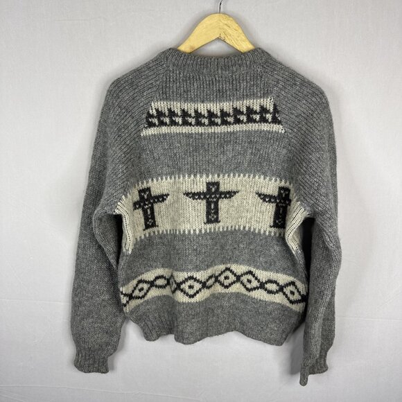 Vintage Brown Bison Cowichan Style Wool Sweater Women’s L Gray Canada Totem Pole - Picture 5 of 5